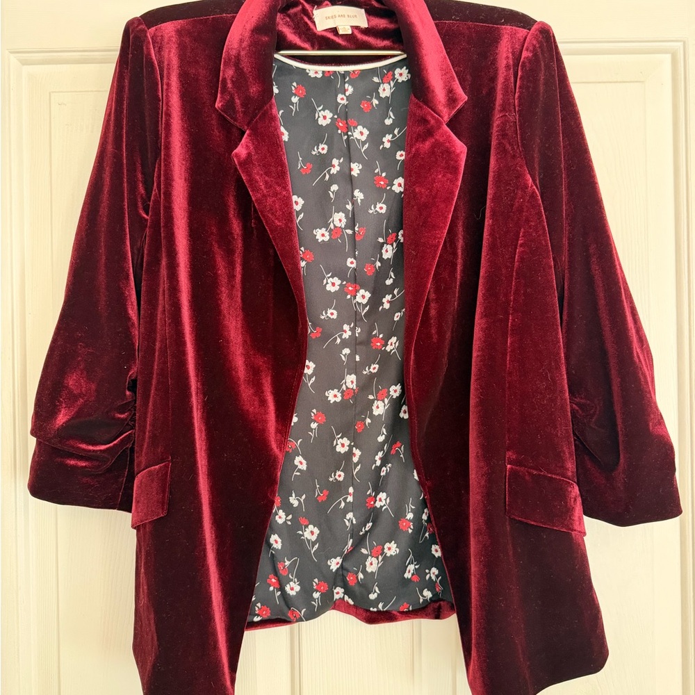 Skies Are Blue Velvet Burgundy Blazer
